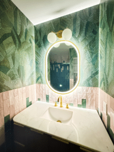 Projects 22 Full master bathroom renovation project in Nashville-tn, with mirror and large botanical patterned porcelain tile + glaze zellige ceramic tile